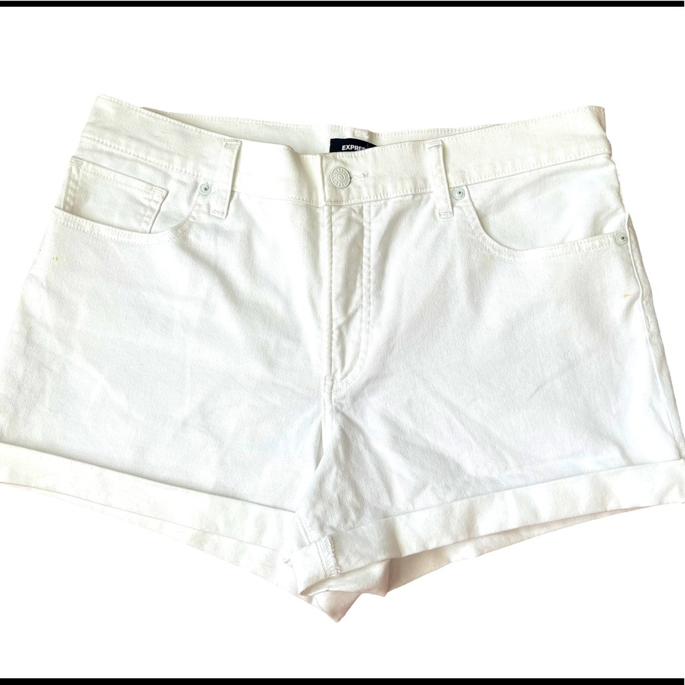 Express Mid-Rise “Shortie” White Jean Shorts